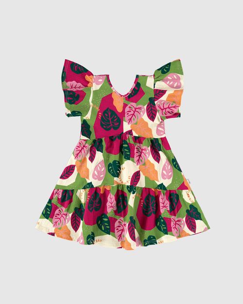 Vestido Infantil Estampado Manga Evasê Em Malha Texturizada Malwee Kids