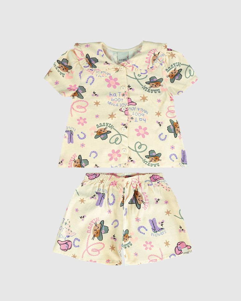 Conjunto Infantil Menina Estampado Camisa Gola Babado Em Viscose Malwee Kids