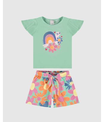 Conjunto Infantil Menina Shorts Estampa Floral Em Algodão Malwee Kids