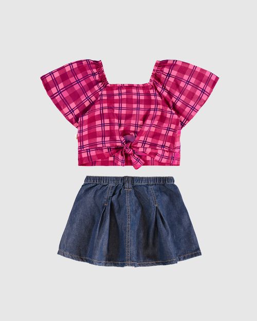 Conjunto Infantil Menina Blusa Xadrez + Saia Jeans Malwee Kids