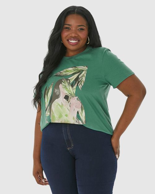 Camiseta Feminina Plus Size Desenho Ilustrativo Em Algodão