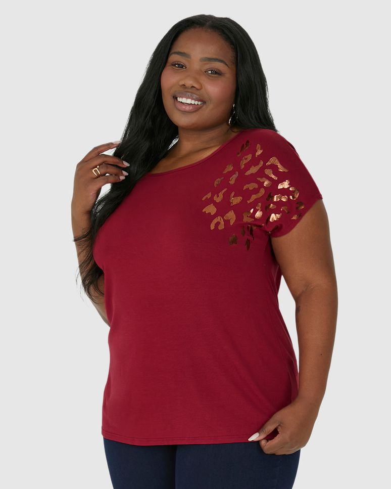 Camiseta Feminina Plus Size Estampa Metalizada Em Viscose Stretch