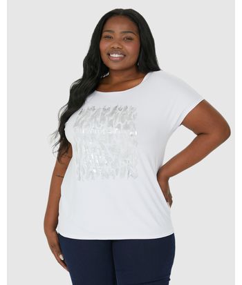 Camiseta Feminina Plus Size Estampa Metalizada Em Viscose Stretch