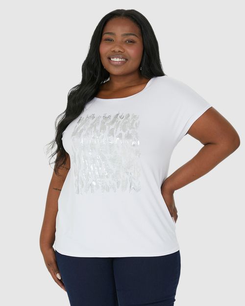 Camiseta Feminina Plus Size Estampa Metalizada Em Viscose Stretch