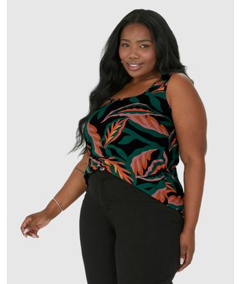 Regata Feminina Plus Size Folhagem Decote Quadrado Em Viscose Stretch