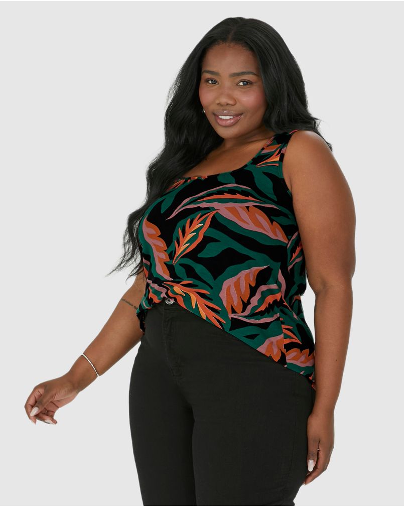 Regata Feminina Plus Size Folhagem Decote Quadrado Em Viscose