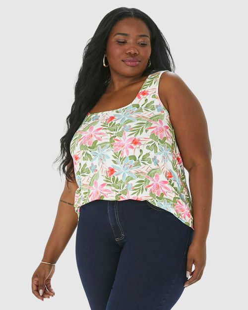 Regata Feminina Plus Size Floral Decote Quadrado Em Viscose Stretch