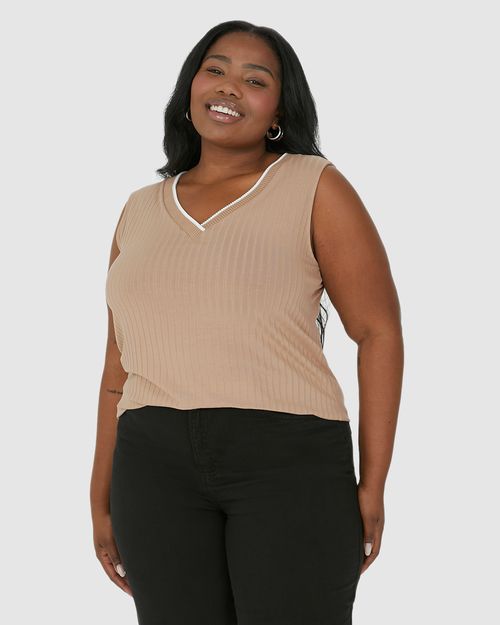Regata Ampla Feminina Plus Size Decote V Em Malha Viscose Canelada