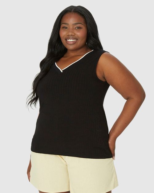 Regata Ampla Feminina Plus Size Decote V Em Malha Viscose Canelada