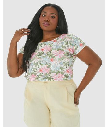 Blusa Feminina Plus Size Floral Cava Japonesa Em Viscose Stretch