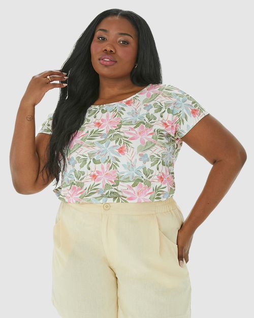 Blusa Feminina Plus Size Floral Cava Japonesa Em Viscose Stretch