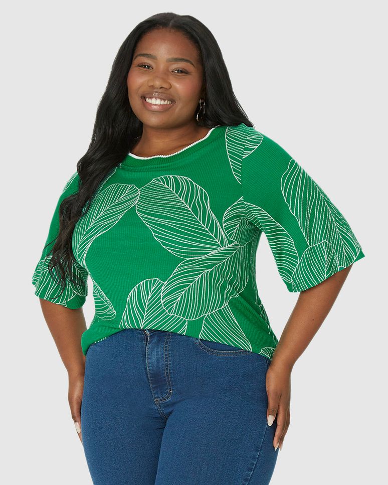 Blusa Feminina Plus Size Ampla Gola Redonda Retilínea Em Viscose Canelada