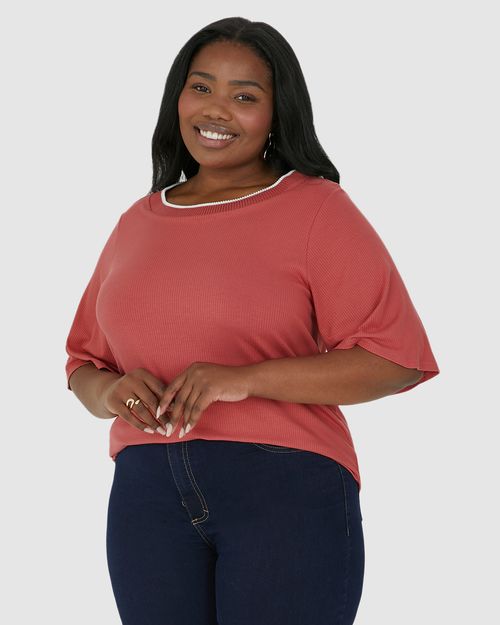 Blusa Feminina Plus Size Ampla Gola Redonda Retilínea Em Viscose Canelada