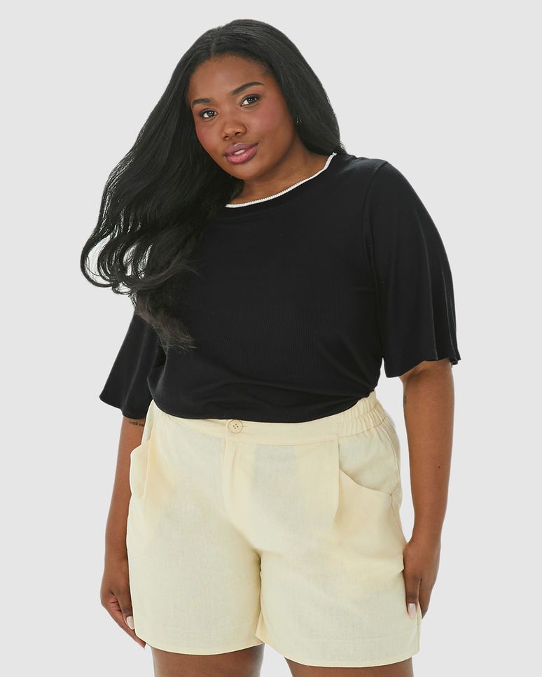 Blusa Feminina Plus Size Ampla Gola Redonda Retilínea Em Viscose Canelada