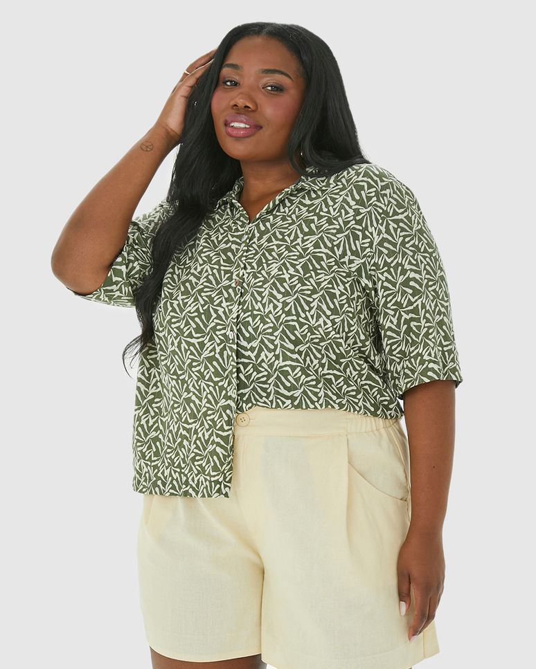 Camisa Feminina Plus Size Box Estampada Em Viscose Lurex