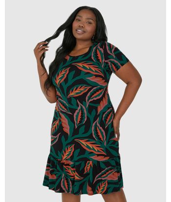 Vestido Feminino Plus Size Folhagem Evasê Em Viscose Stretch