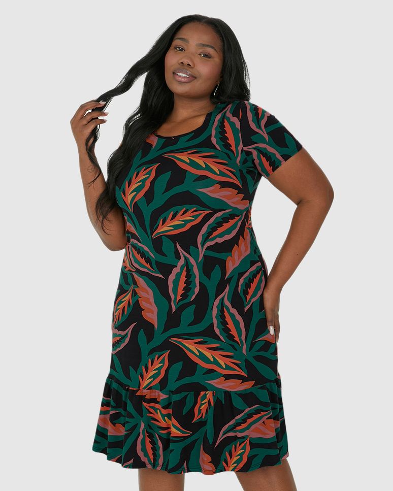 Vestido Feminino Plus Size Folhagem Evasê Em Viscose Stretch
