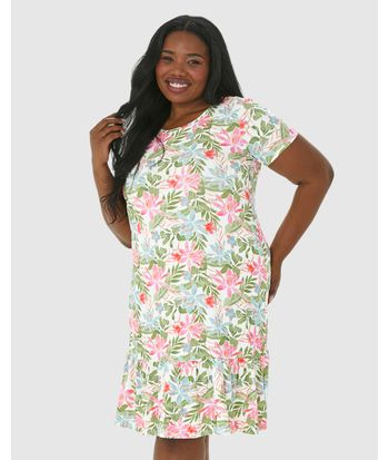 Vestido Feminino Plus Size Floral Evasê Em Viscose Stretch