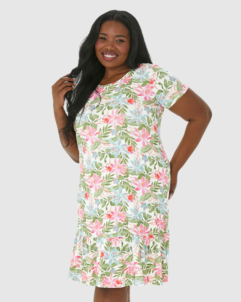 Vestido Feminino Plus Size Floral Evasê Em Viscose Stretch