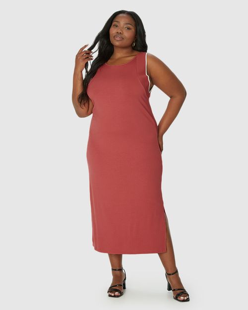 Vestido Midi Feminino Plus Size Reto Em Malha Viscose Canelada