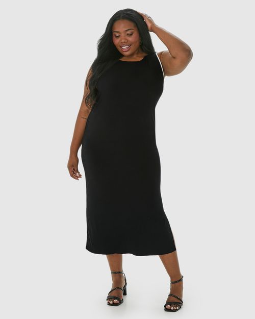 Vestido Midi Feminino Plus Size Reto Em Malha Viscose Canelada