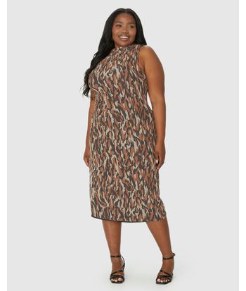 Vestido Midi Feminino Plus Size Animal Print Detalhe Franzido Em Tule Stretch