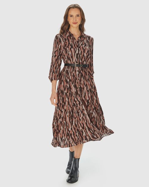 Vestido Chemise Feminino Animal Print Abotoamento Frontal Em Viscose Sarjada