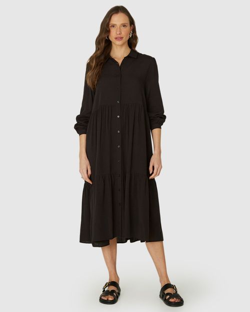 Vestido Chemise Feminino Abotoamento Frontal Em Viscose Sarjada