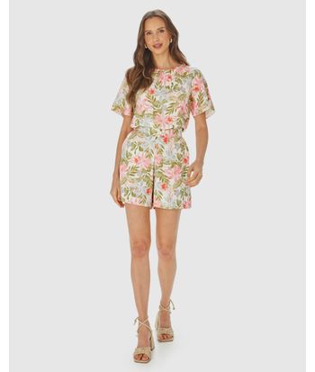Shorts Feminino Floral Evasê Bolso Faca Em Viscolinho Texturizado
