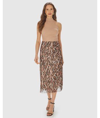 Saia Reta Feminina Animal Print Fenda Lateral Em Tule Stretch
