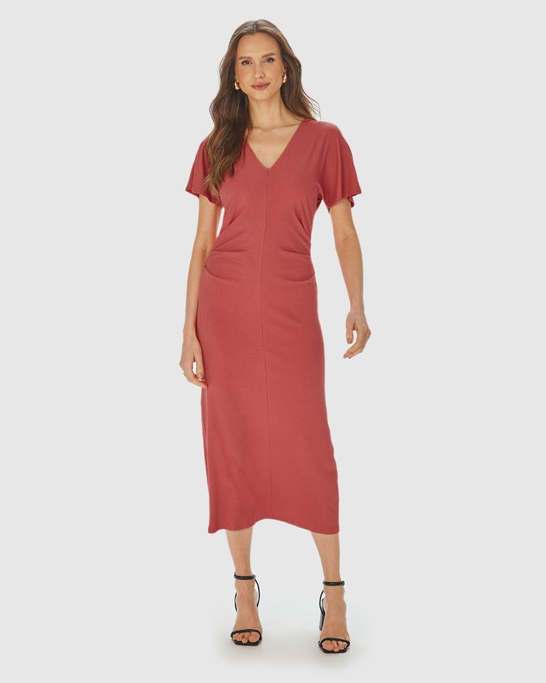 Vestido Midi Feminino Pregas Na Cintura Em Malha Viscose Canelada