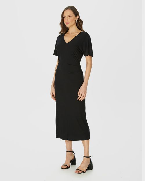 Vestido Midi Feminino Pregas Na Cintura Em Malha Viscose Canelada