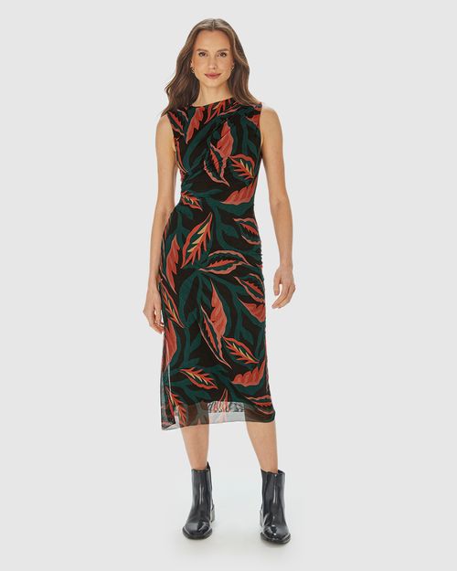 Vestido Midi Feminino Folhagem Detalhe Franzido Em Tule Stretch