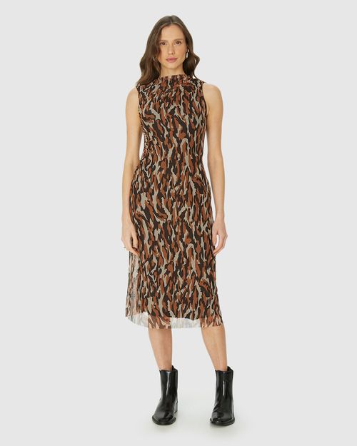 Vestido Midi Feminino Animal Print Detalhe Franzido Em Tule Stretch