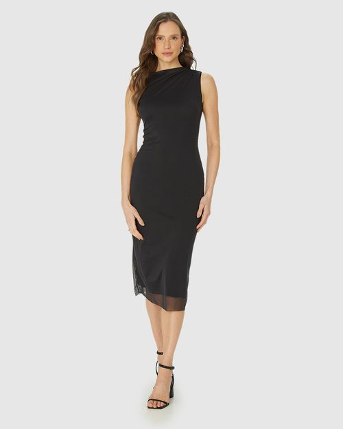 Vestido Midi Feminino Detalhe Franzido Em Tule Stretch