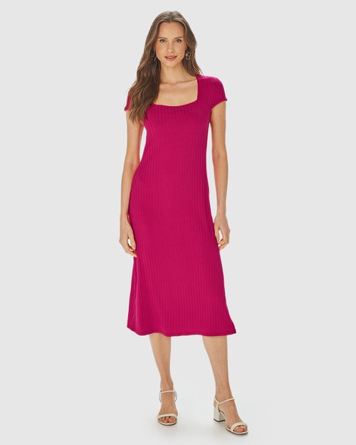 Vestido Midi Feminino Justo Decote Quadrado Em Malha Viscose Canelada