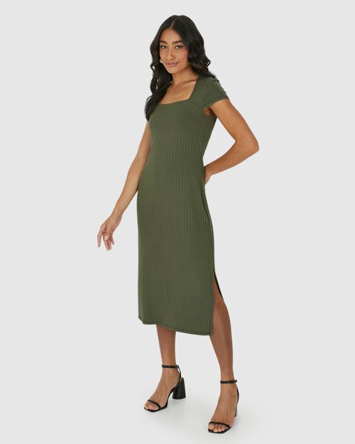 Vestido Midi Feminino Justo Decote Quadrado Em Malha Viscose Canelada