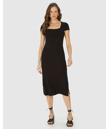 Vestido Midi Feminino Justo Decote Quadrado Em Malha Viscose Canelada
