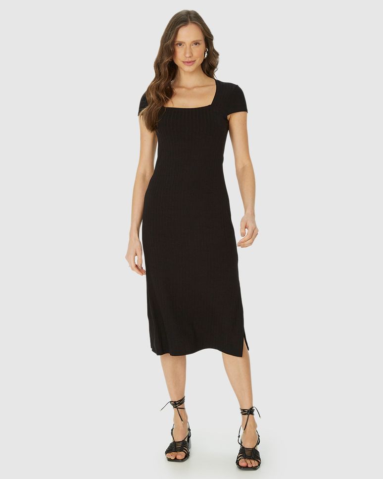 Vestido Midi Feminino Justo Decote Quadrado Em Malha Viscose Canelada