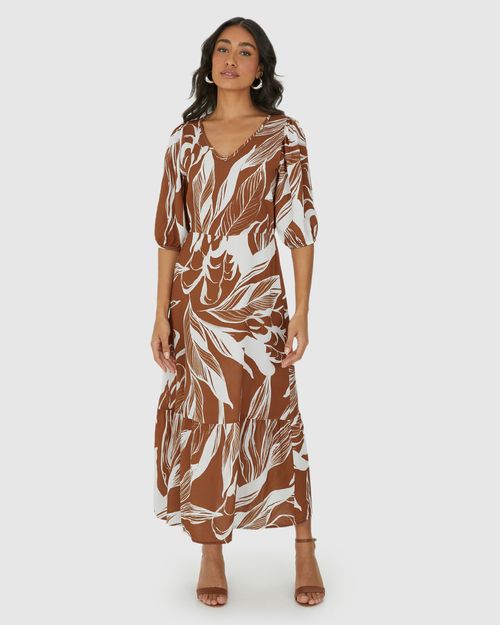 Vestido Midi Feminino Marias Estampado Manga 3/4 Em Viscose