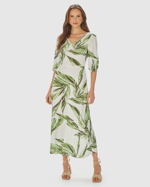 Vestido Midi Feminino Marias Estampado Manga 3/4 Em Viscose