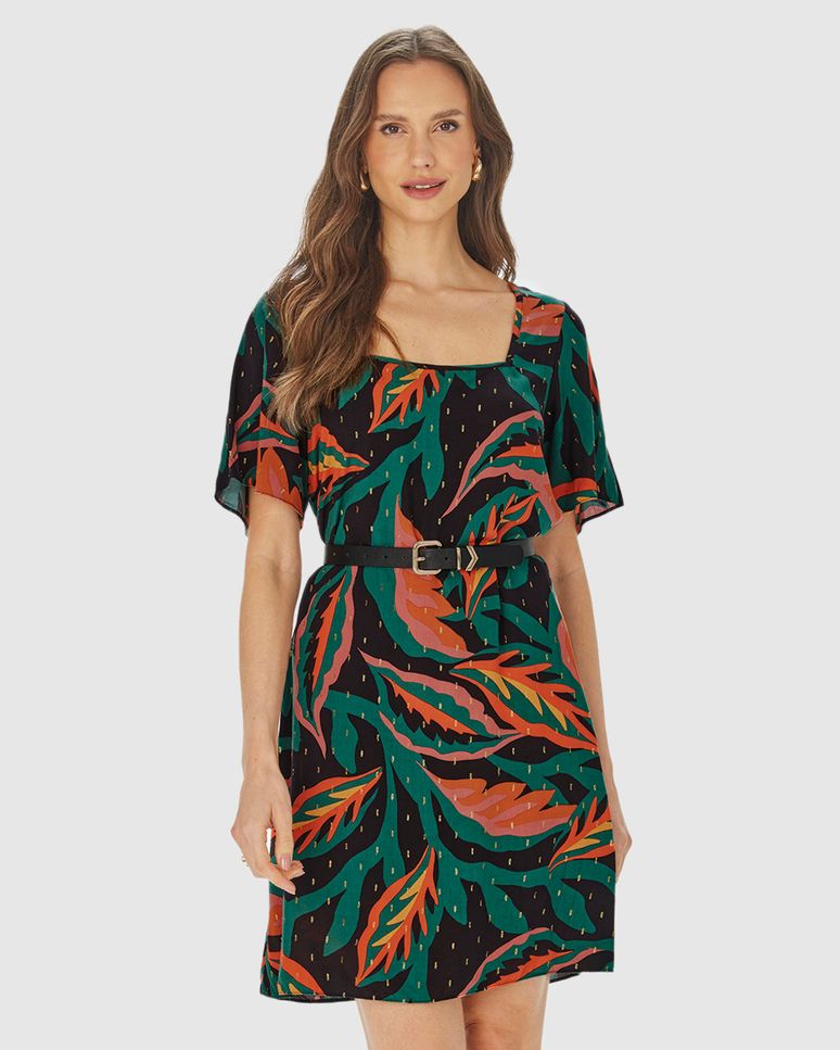 Vestido Feminino Folhagem Decote Quadrado Em Plumetis Brilho