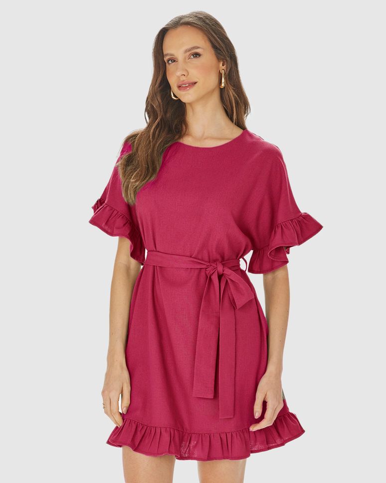 Vestido Feminino Babados Com Cinto Em Viscolinho
