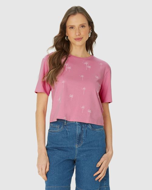 Camiseta Long Cropped Estampa Coqueiros Em Algodão