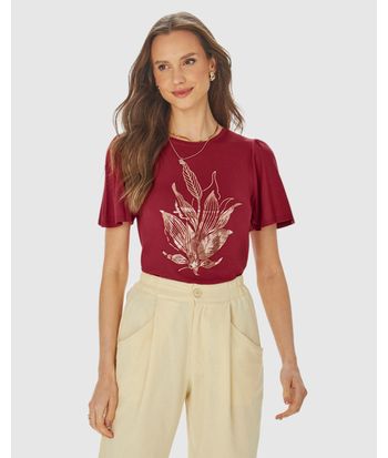 Camiseta Feminina Estampa Foil Manga Franzida Em Viscose Stretch
