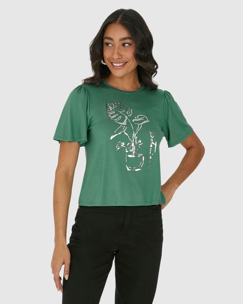 Camiseta Feminina Estampa Foil Manga Franzida Em Viscose Stretch