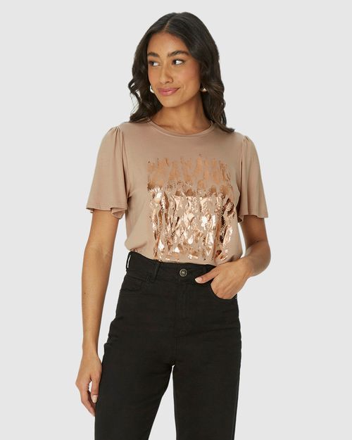 Camiseta Feminina Estampa Foil Manga Franzida Em Viscose Stretch