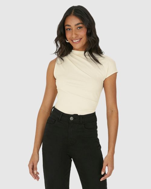 Blusa Feminina Assimétrica Com Detalhe Franzido Em Malha Viscose Canelada
