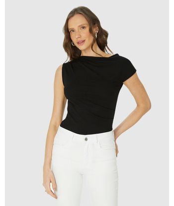 Blusa Feminina Assimétrica Com Detalhe Franzido Em Malha Viscose Canelada