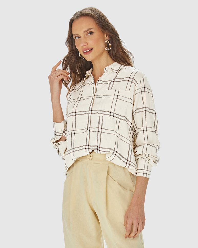 Camisa Feminina Manga Longa Xadrez Em Viscose Sarjada